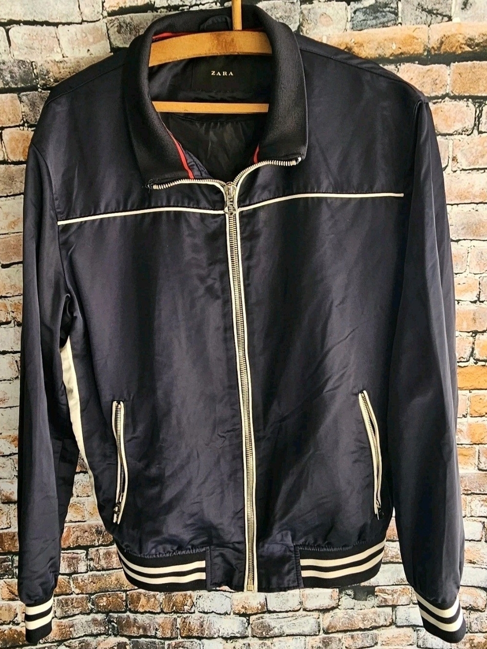 Zara Navy Bomber Jacket with White Trim and Red Lining Accent